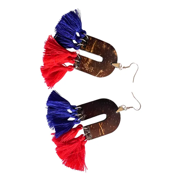 BÔNG TAI DỪA PHỐI TUA RUA PHONG CÁCH BOHEMIAN,GAM ĐỎ XANH