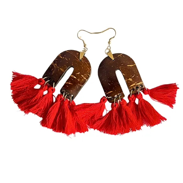 BÔNG TAI DỪA PHỐI TUA RUA PHONG CÁCH BOHEMIAN,GAM ĐỎ 