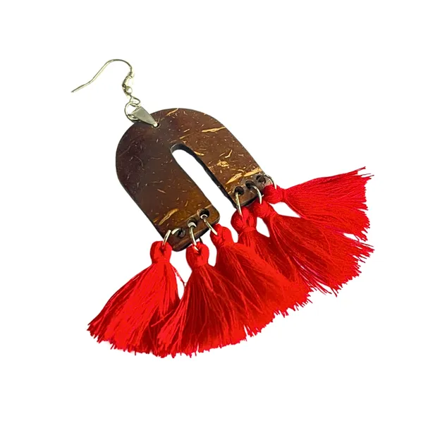 BÔNG TAI DỪA PHỐI TUA RUA PHONG CÁCH BOHEMIAN,GAM ĐỎ 
