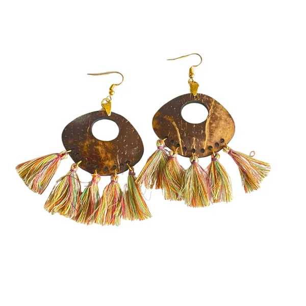BÔNG TAI DỪA PHỐI TUA RUA PHONG CÁCH BOHEMIAN, GAM CẦU VỒNG