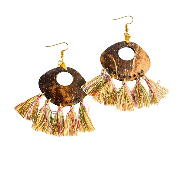 BÔNG TAI DỪA PHỐI TUA RUA PHONG CÁCH BOHEMIAN, GAM CẦU VỒNG