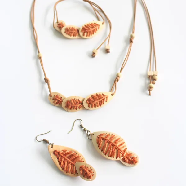 BỘ TRANG SỨC DỪA BA LÁ PHỐI CHỈ THÊU, COMPO 3 MÓN, 4 màu tùy chọn 