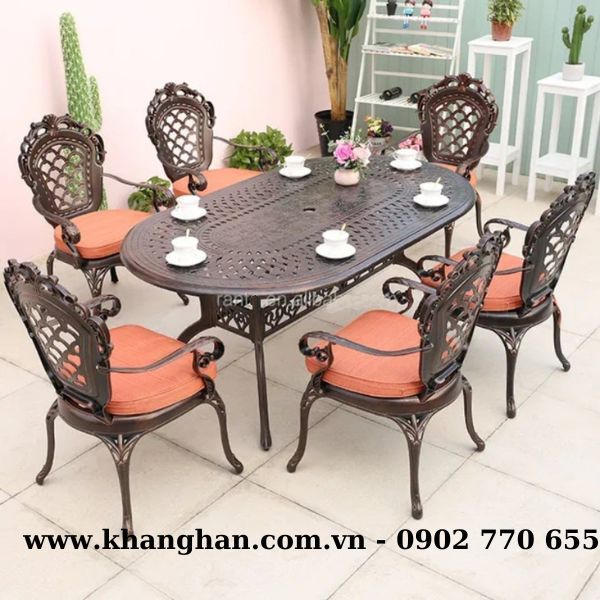 Bộ bàn oval 6 ghế nhôm đúc sơn tĩnh điện ngoài trời kiểu tân cổ điển B23.6G03 Bộ bàn oval 6 ghế nhôm đúc sơn tĩnh điện ngoài trời kiểu tân cổ điển B23.6G03