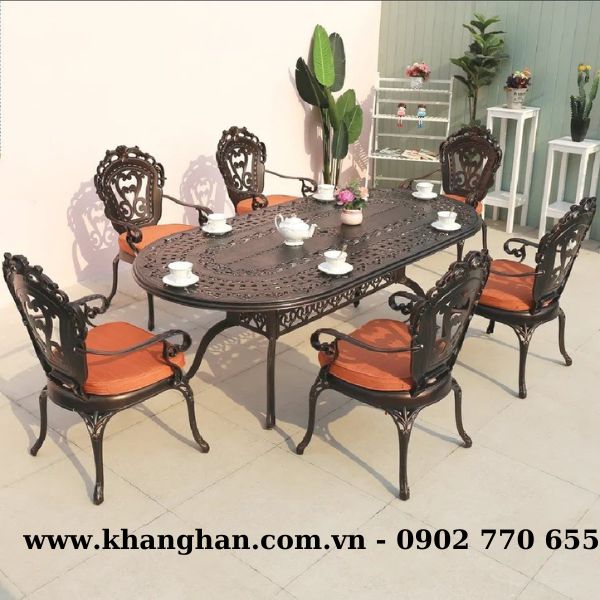 Bộ bàn oval 6 ghế nhôm đúc sơn tĩnh điện ngoài trời kiểu tân cổ điển B23.6G03A Bộ bàn oval 6 ghế nhôm đúc sơn tĩnh điện ngoài trời kiểu tân cổ điển B23.6G03A