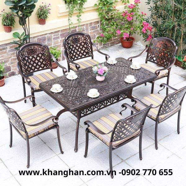 Bộ bàn chữ nhật 6 ghế sân vườn nhôm đúc sơn tĩnh điện kiểu tân cổ điển Bộ bàn chữ nhật 6 ghế sân vườn nhôm đúc sơn tĩnh điện kiểu tân cổ điển
