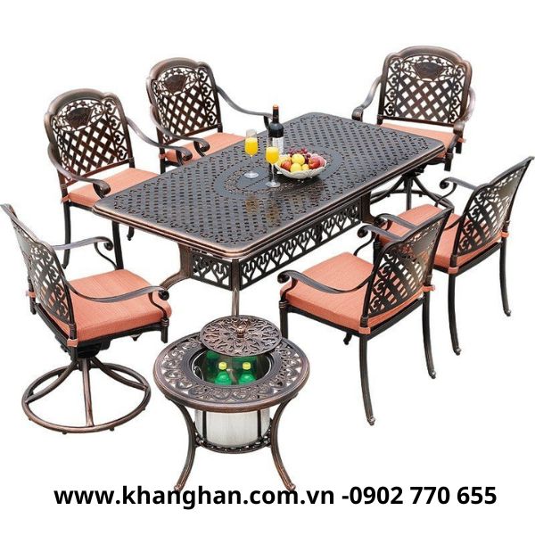 Bộ bàn chữ nhật 6 ghế sân vườn nhôm đúc sơn tĩnh điện kiểu tân cổ điển Bộ bàn chữ nhật 6 ghế sân vườn nhôm đúc sơn tĩnh điện kiểu tân cổ điển