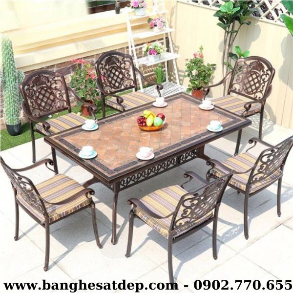 Bàn chữ nhật mặt gốm nhôm đúc cùng 6 ghế KH23-B25.6G11 Bàn chữ nhật mặt gốm nhôm đúc cùng 6 ghế KH23-B25.6G11