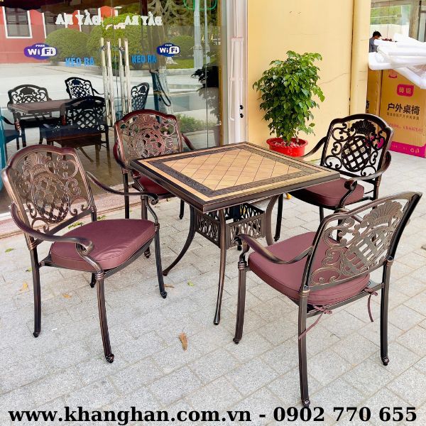 Bộ bàn vuông mặt gốm 4 ghế sân vườn KH23-B27.4G11  Bộ bàn vuông mặt gốm 4 ghế sân vườn KH23-B27.4G11