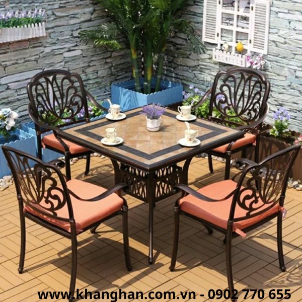 Bộ bàn vuông mặt gốm 4 ghế sân vườn KH23- B27.4G13  Bộ bàn vuông mặt gốm 4 ghế sân vườn KH23- B27.4G13