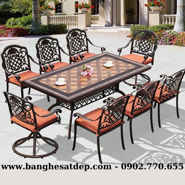 Bàn chữ nhật mặt gốm cùng 6 ghế nhôm đúc sơn tĩnh điện phong cách tân cổ điển KH23-B33.6G11 Bàn chữ nhật mặt gốm cùng 6 ghế nhôm đúc sơn tĩnh điện phong cách tân cổ điển KH23-B33.6G11