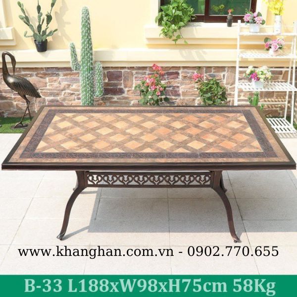 Bàn chữ nhật mặt gốm nhôm đúc sơn tĩnh điện phong cách tân cổ điển KH23-B33 Bàn chữ nhật mặt gốm nhôm đúc sơn tĩnh điện phong cách tân cổ điển KH23-B33