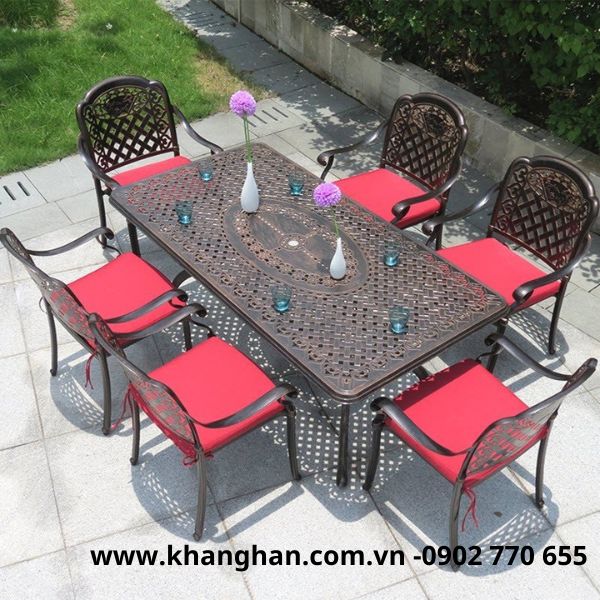 Bộ bàn chữ nhật 6 ghế sân vườn nhôm đúc sơn tĩnh điện kiểu tân cổ điển Bộ bàn chữ nhật 6 ghế sân vườn nhôm đúc sơn tĩnh điện kiểu tân cổ điển