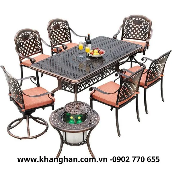  BÔ BÀN CHỮ NHẬT 6 GHẾ BẰNG NHÔM ĐÚC KH23-B34.6G01