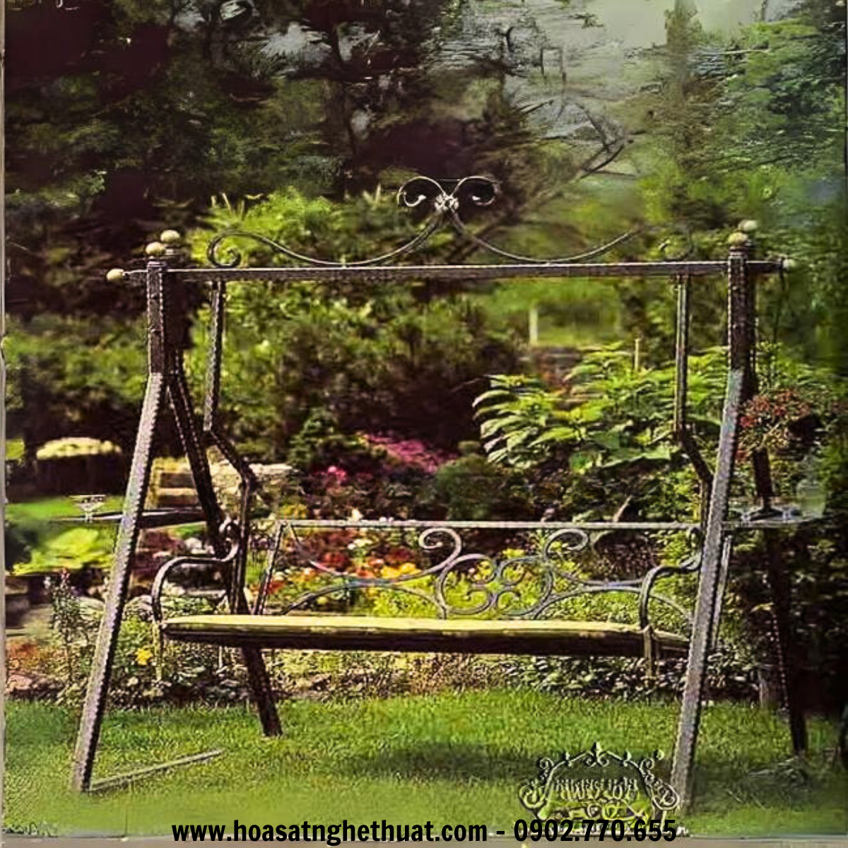 Xích đu sắt rèn nghệ thuật độc đáo cùng hoa văn cán cạnh KH14-XD008 Xích đu sắt rèn nghệ thuật độc đáo cùng hoa văn cán cạnh KH14-XD008