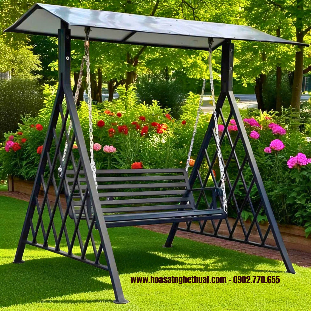 Khu vườn thư giãn và chiếc xích đu sắt mỹ thuật KH25-XD01 Khu vườn thư giãn và chiếc xích đu sắt mỹ thuật KH25-XD01