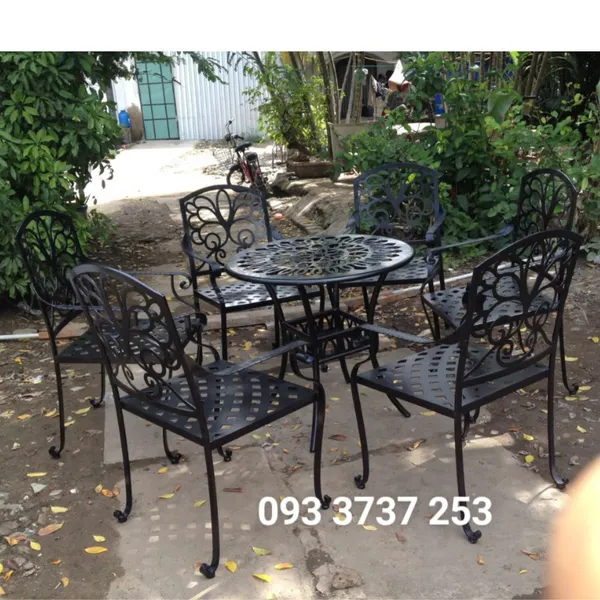 BỘ BÀN TRÒN 6 GHẾ SẮT CNC HOA VĂN ĐẸP 