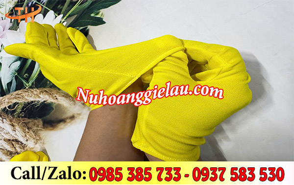 Găng tay vải thun T9 màu vàng siêu mềm mịn, độ co giãn vừa phải Găng tay vải thun T9 màu vàng siêu mềm mịn, độ co giãn vừa phải