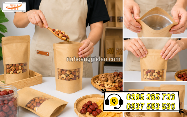 Túi zip giấy kraft đáy đứng có cửa đóng gói thực phẩm an toàn, đẹp mắt Túi zip giấy kraft đáy đứng có cửa đóng gói thực phẩm an toàn, đẹp mắt
