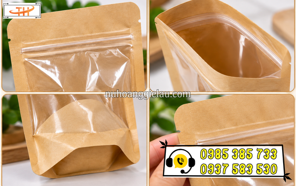 Cận chi tiết túi zipper giấy Kraft 1 mặt trong suốt Cận chi tiết túi zipper giấy Kraft 1 mặt trong suốt