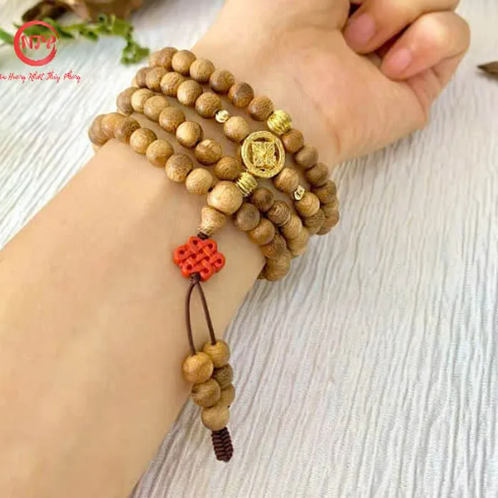 Vòng Chuỗi Trầm Hương 108 Hạt Mix Charm Cỏ 4 Lá
