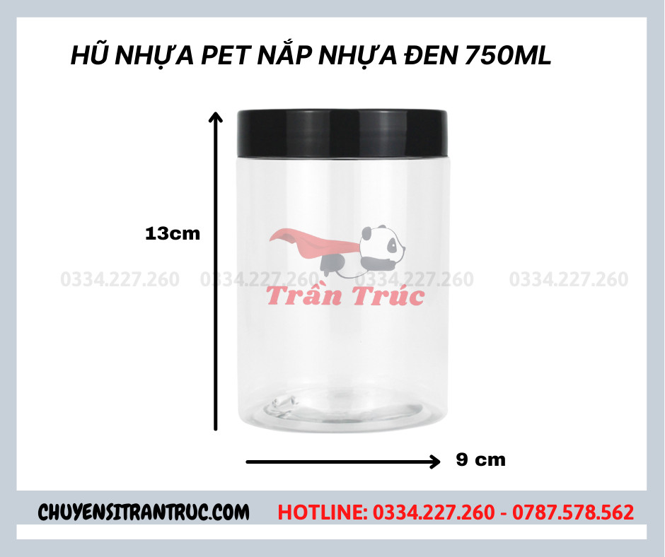 hu nhua nap nhua mau den 750ml, hũ nhựa nắp nhựa màu đen 750ml