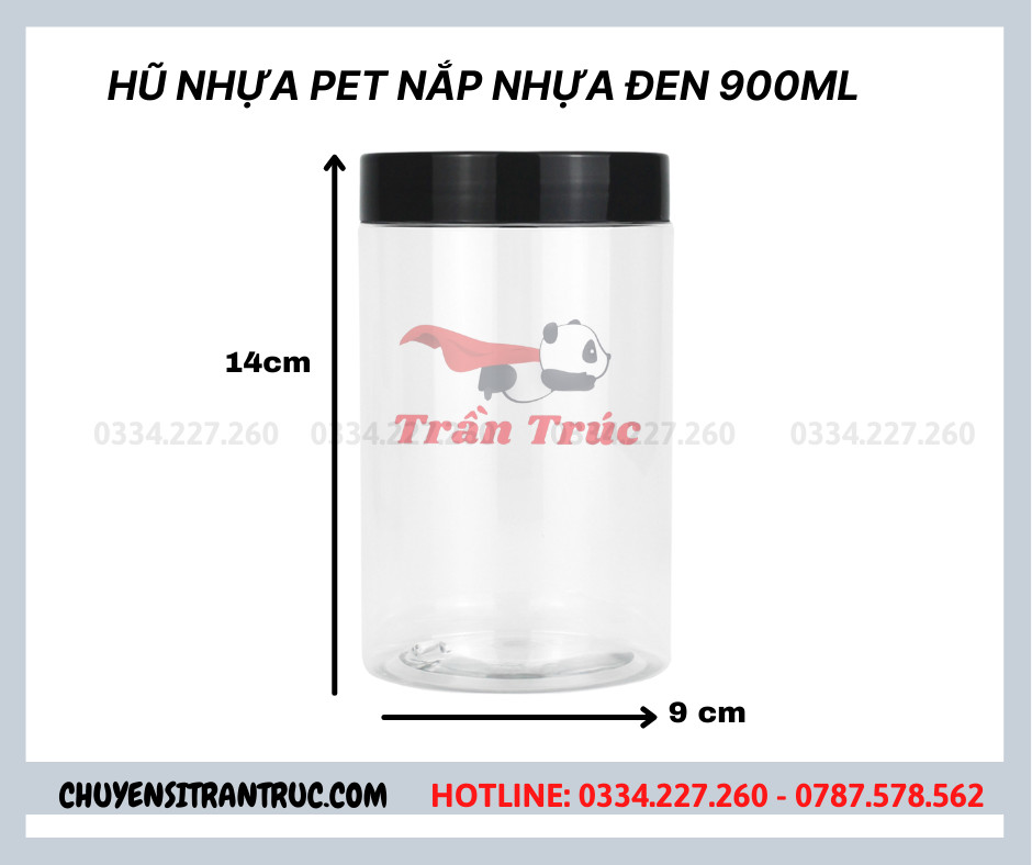 hũ nhựa nắp nhựa đen 900ml, hủ nhua nap nhua den 900ml