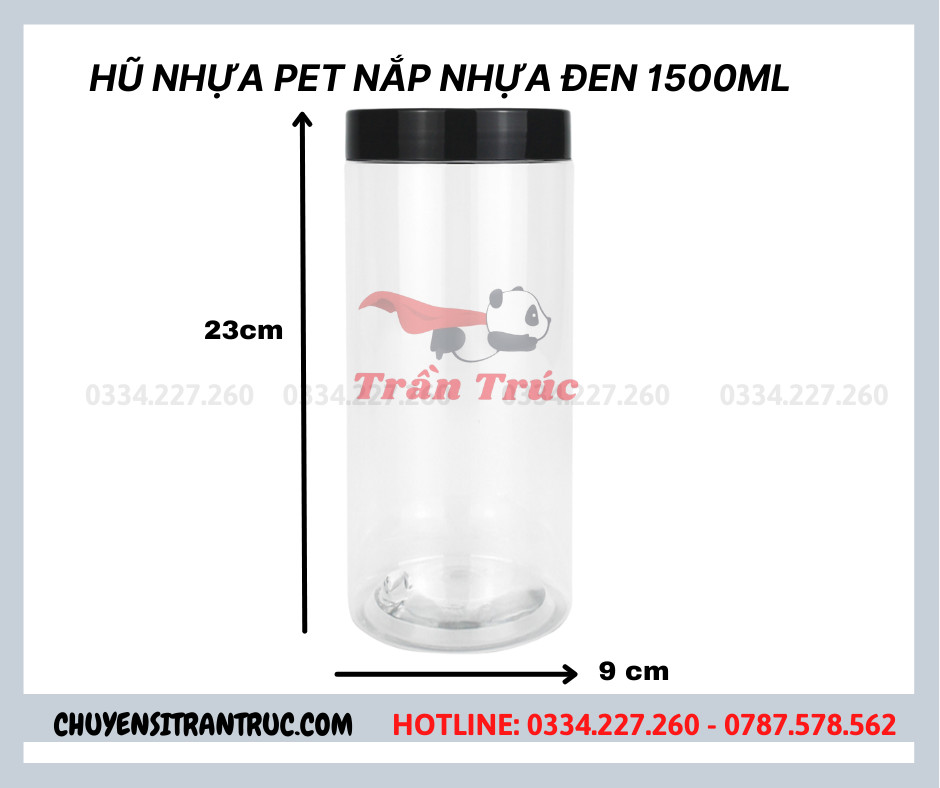 hũ nhựa nắp nhựa màu đen 1500ml, hủ nhựa nắp nhựa màu đen 1500ml