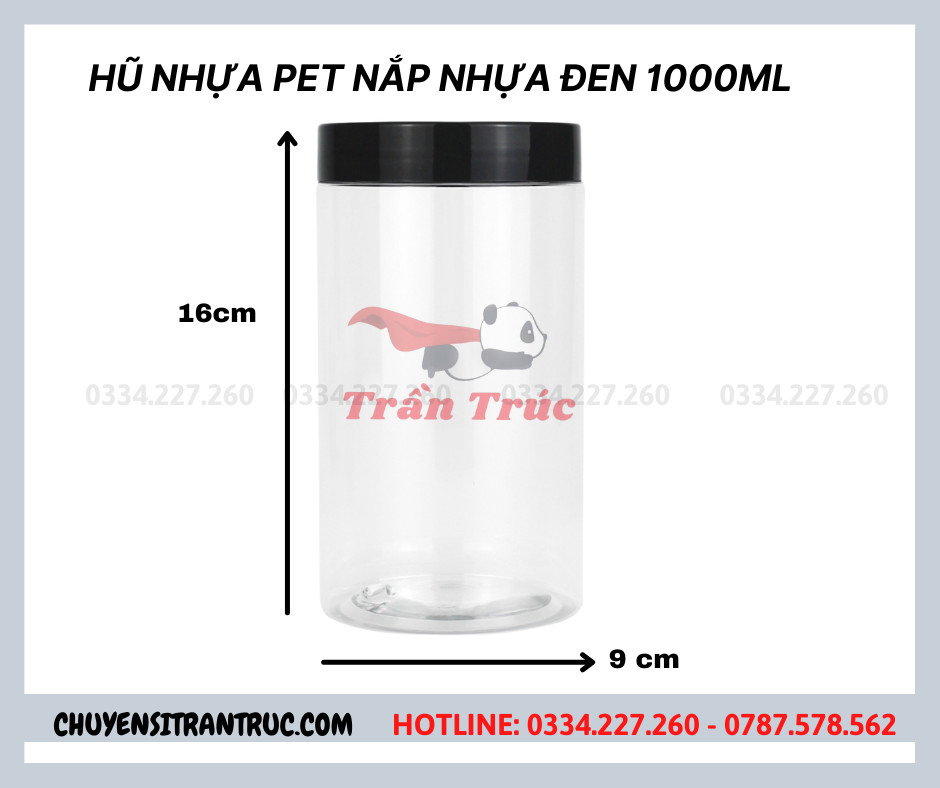 hũ nhựa nắp nhựa màu đen 1000ml, hu nhua nap nhua mau den 1lit