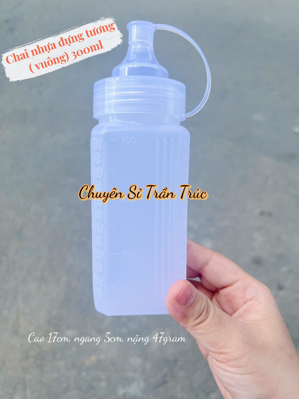chai nhựa vuông 300ml, bình nhựa vuông đựng tương 300ml