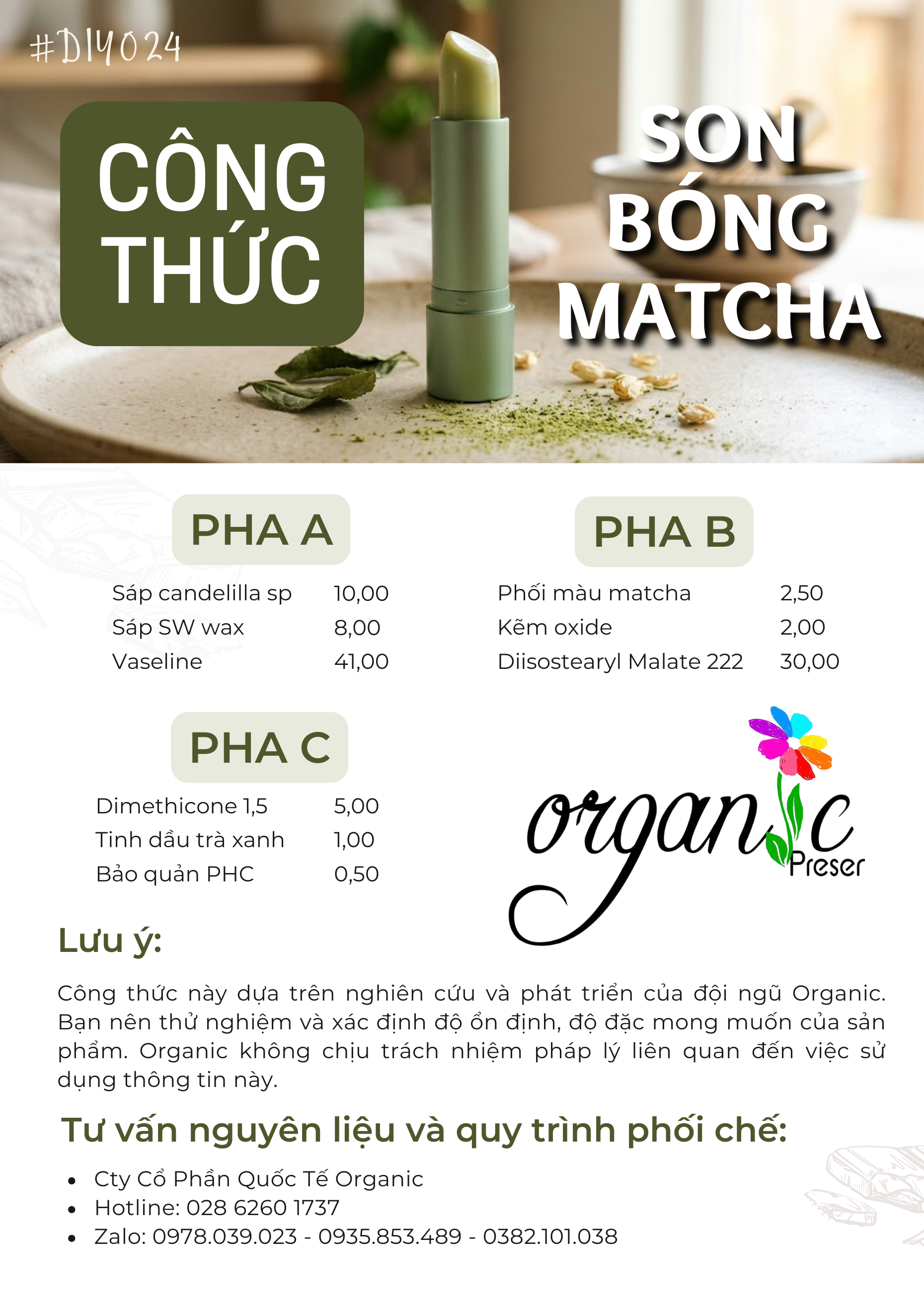 Công thức làm son bóng matcha phục hồi môi khô nứt nẻ bong tróc