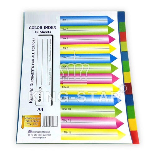 Phân trang nhựa 12 màu - không số  (12 a4 color index dividers)
