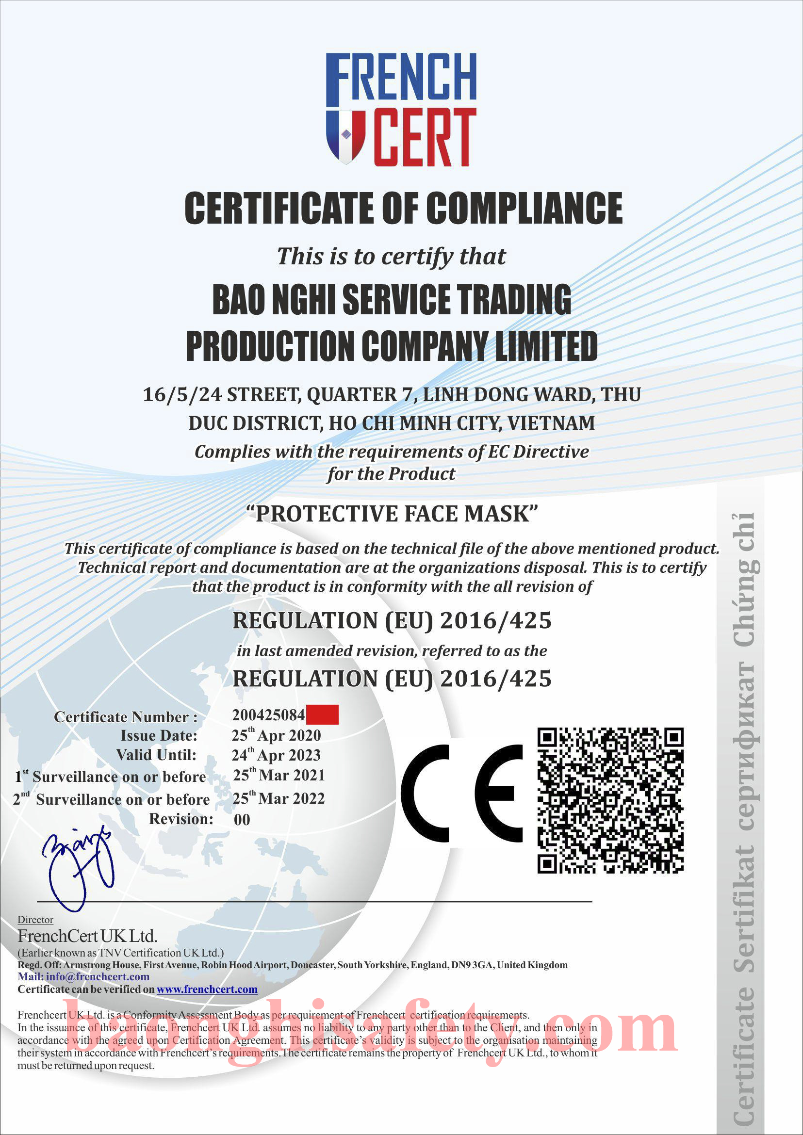 CÔNG BỐ ĐẠT CHỨNG NHẬN CE MARKING CHO DÒNG SẢN PHẨM: KHẨU TRANG VÀ TẤM CHE MẶT