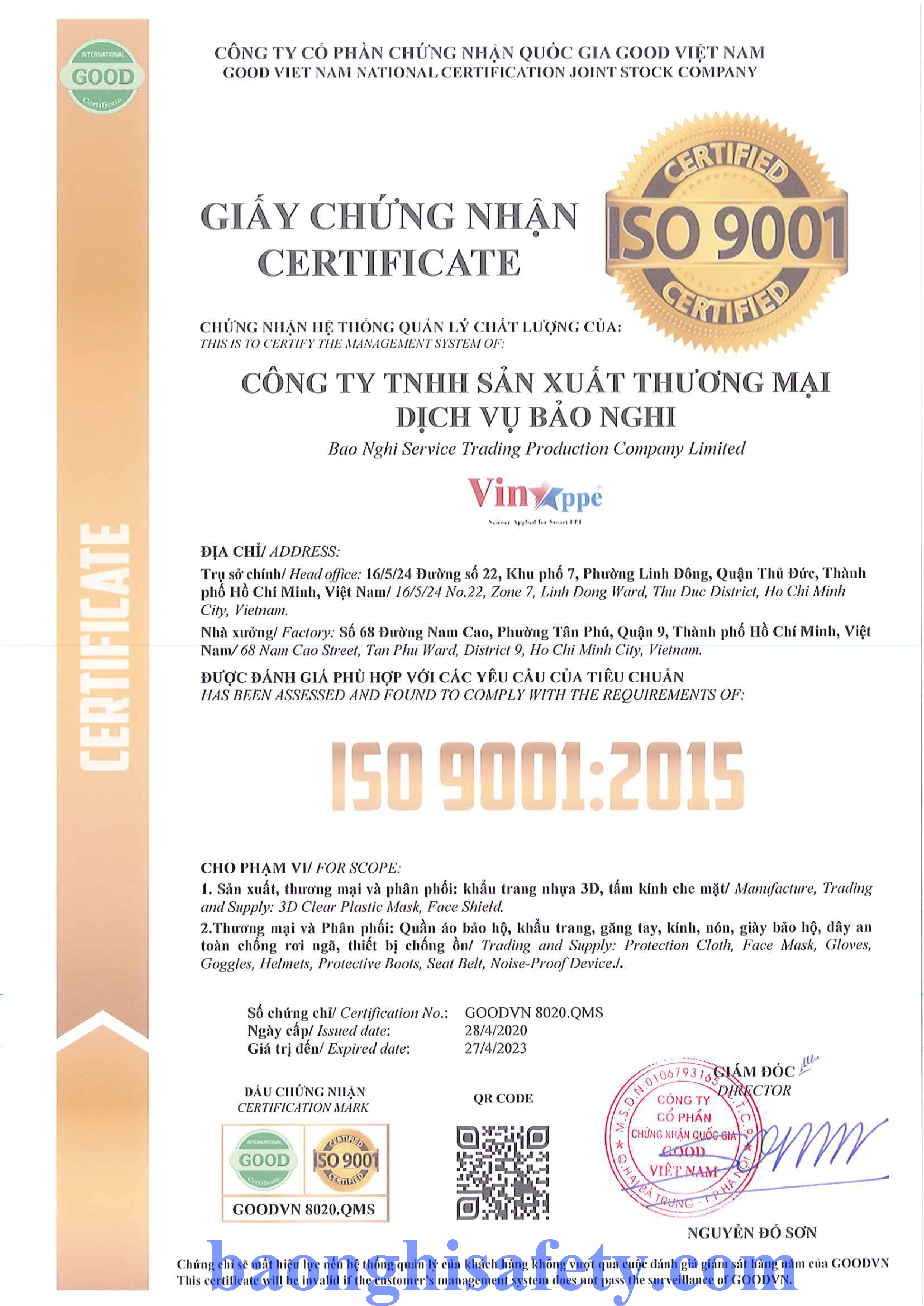 CÔNG BỐ ĐẠT CHỨNG NHẬN ISO 9001:2015