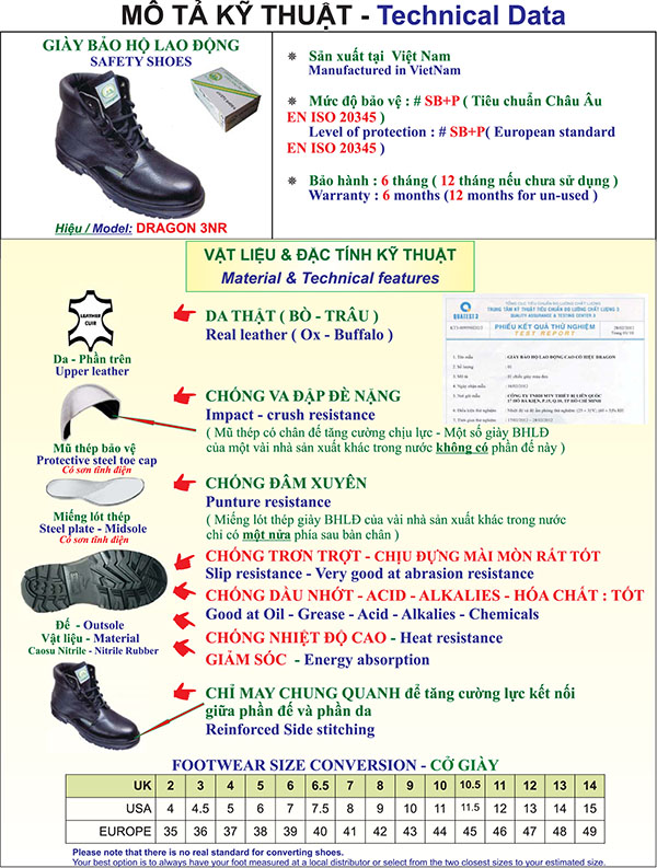 Thông số kỹ thuật Giày bảo hộ lao động Dragon 3NR