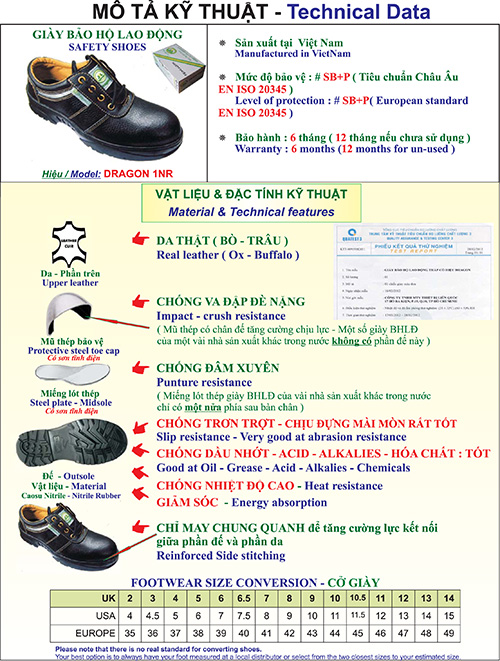 Thông số kĩ thuật Giày bảo hộ lao động Dragon 1NR