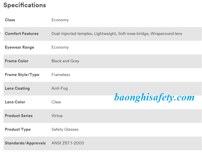 Thông số kỹ thuật kính 3M Virtua V4 11672