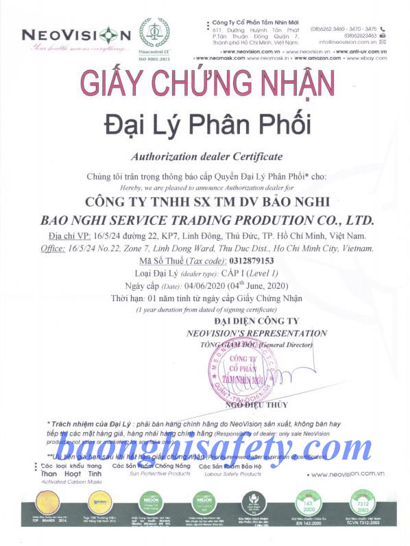 CHỨNG NHẬN ĐẠI LÝ PHÂN PHỐI THƯƠNG HIỆU NEOVISON