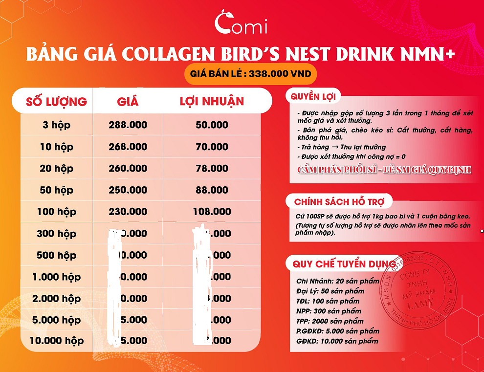 Bảng giá sỉ collagen comi yến nmn Bảng giá sỉ collagen comi yến nmn