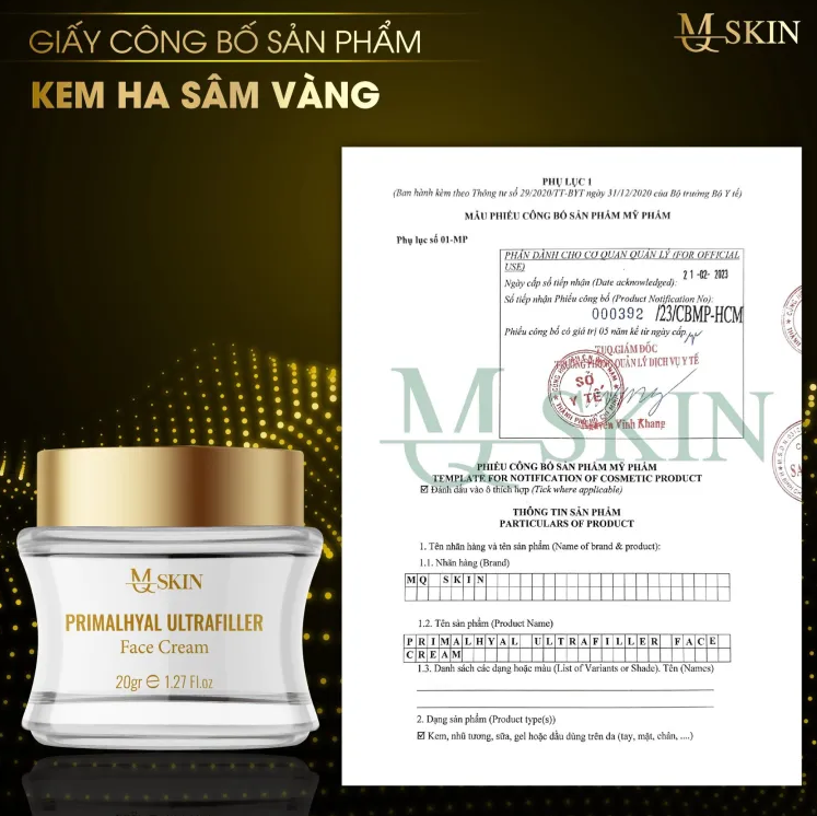Giấy công bố sản phẩm kem ha sâm vàng mq skin Giấy công bố sản phẩm kem ha sâm vàng mq skin