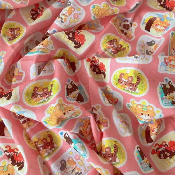 Vải Cotton hoạ tiết mèo nền hồng