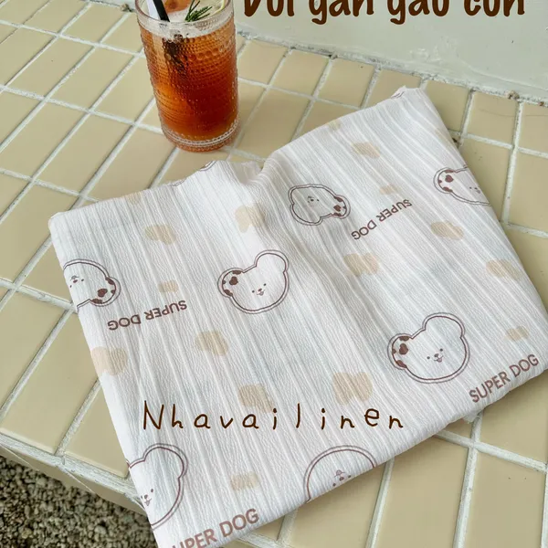 Vải đũi gân mềm nhẹ hoạ tiết gấu cún