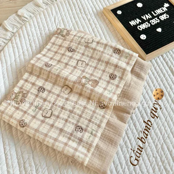 Vải xô muslin cao cấp 2 lớp hoạ tiết gấu bánh quy
