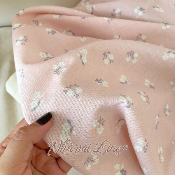 Vải linen bột hoa trắng nền hồng