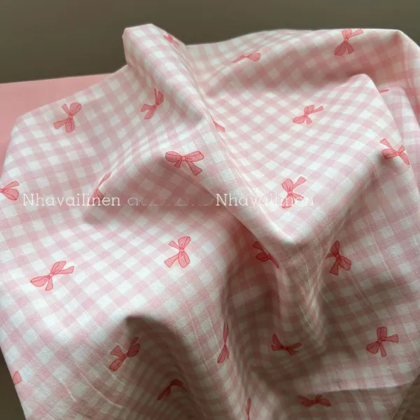 Vải cotton cao cấp hoạ tiết  caro nơ hồng