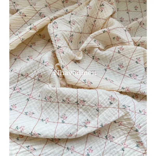 Muslin hoạ tiết hoa hồng sọc