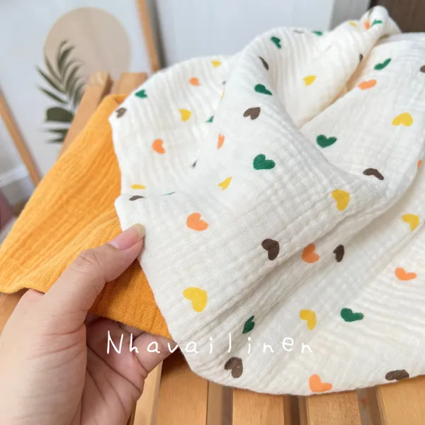 Vải xô muslin cao cấp 2 lớp hoạ tiết trái tim tứ sắc