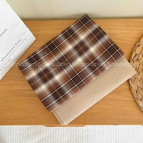 Vải caro cotton to nâu be