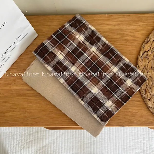 Vải caro cotton to nâu be