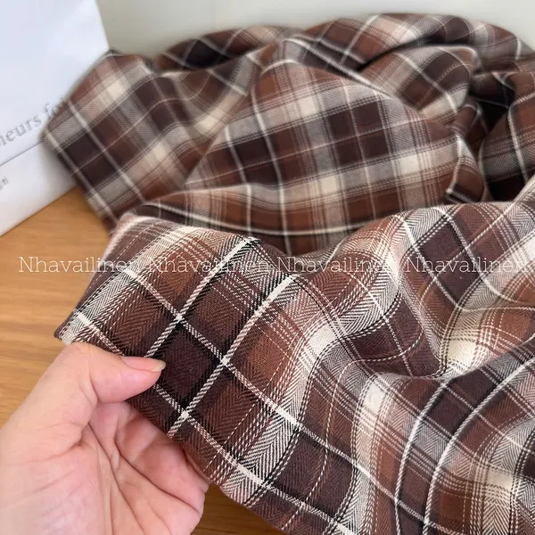 Vải caro cotton to nâu be