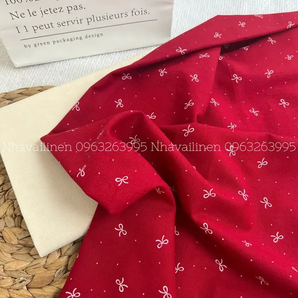 Vải Linen Bột Dày NƠ TRẮNG NỀN ĐỎ Chất Vải Dày Dặn